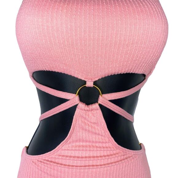 New Medium Pink Ribbed O-Ring Cut-out Open One Piece Swimsuit Strappy Tie Padded - Picture 4 of 5